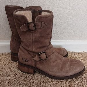UGG Chaney Buckled Mid Zip Moto Boots US8 Brown Suede Leather
